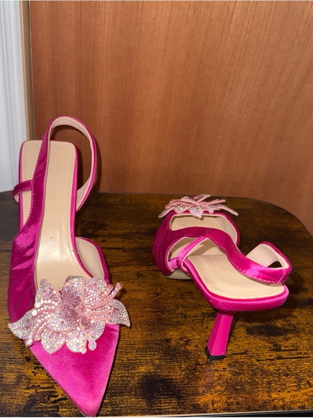 Fuchsia Satin Pointed Slingback Heels with Crystal Flower Detail